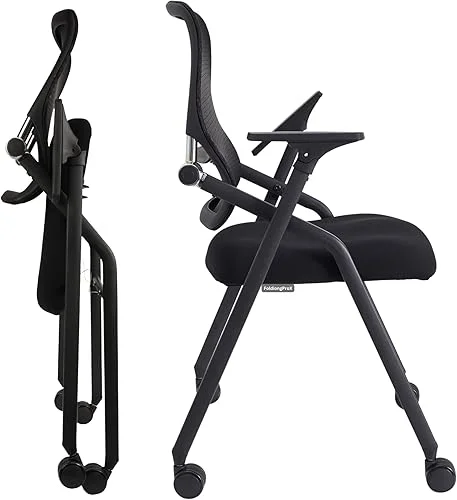 Updated Conference Room Chairs, Folding Office Desk Chair with Lumbar Support and Sliding Armrest with Casters, Stackable Office Guest Chairs & Reception Chairs, 1 Pack Black