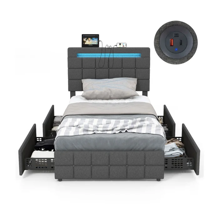 Upholstered LED Bed Frame with Headboard and Drawers-Gray
