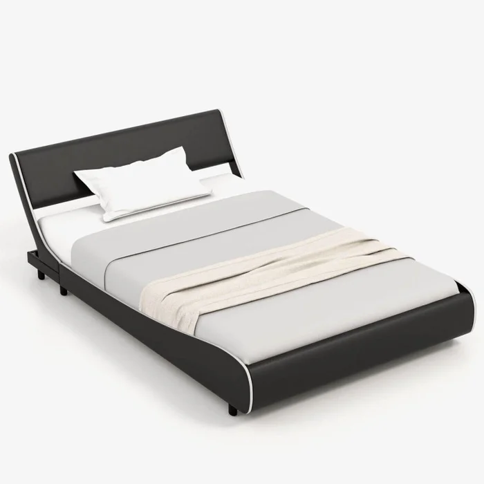 Upholstered Platform Bed Frame Low Profile Faux Leather with Curved Headboard