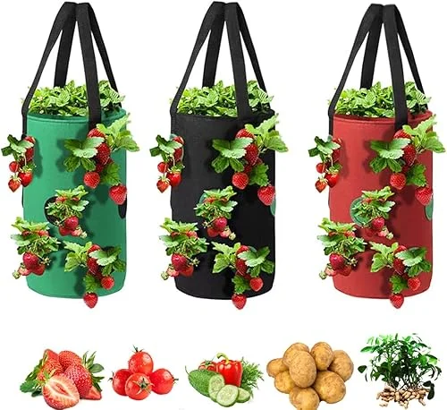 Upside Down Tomato Planter-3 Gallon Hanging Strawberry Planter Durable Aeration Fabric Grow Bags for Vegetables (Set of 3- Red，Green and Black)
