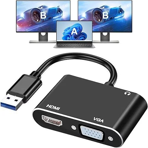 USB 3.0 to HDMI VGA Adapter, USB to HDMI USB to VGA Adapter for 2 Monitors, 1920 * 1080P@60HZ Full HD Display Video Converter Comaptible with Windows 7/8/10/11 and Mac OS Systems