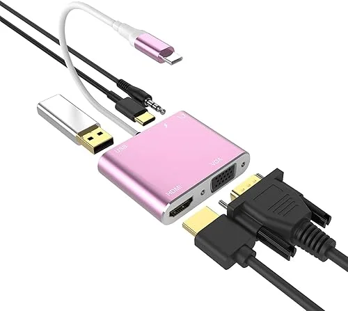 USB C to HDMI VGA Adapter, 5-in-1 Hub USB 3.0 OTG Charging Power PD Port Compatible MacBook Pro,Surface go, Galaxy S8/S9 and More Pink