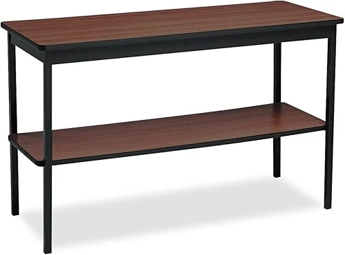 Utility Table with Bottom Shelf, Rectangular, 48w x 18d x 30h, Walnut/Black