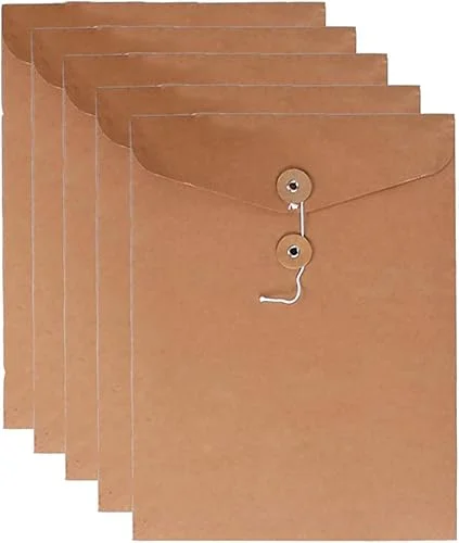 VANRA Kraft String Envelope File Folder Project Pockets File Jacket Document Organizer Flat-No Expansion A4 Letter Size(Kraft Brown,Pack of 5)