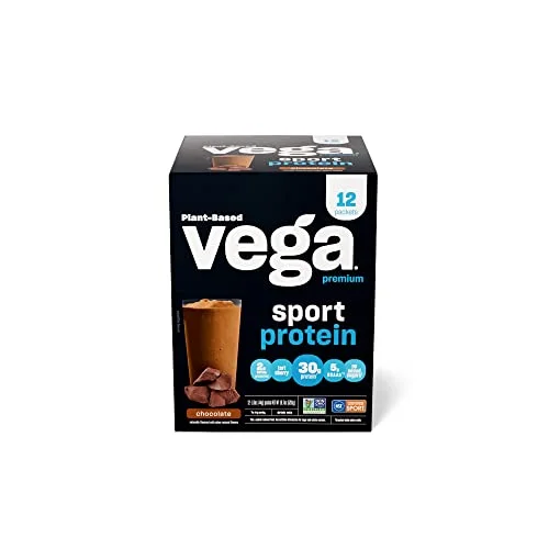 Vega Sport Premium Vegan Protein Powder, Chocolate – 30g Plant Based Protein, 5g BCAAs, Low Carb, Keto, Dairy Free, Gluten Free, Pea Protein for Women & Men, 12 x 1.6 oz Sachets (Packaging May Vary)