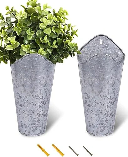 vensovo 12 Inches Galvanized Wall Planters – 2 Packs Metal Tin Vases for Flowers Indoors, Farmhouse Hanging Planter Tall Flower Holder for Country Decor Outdoors, Silver