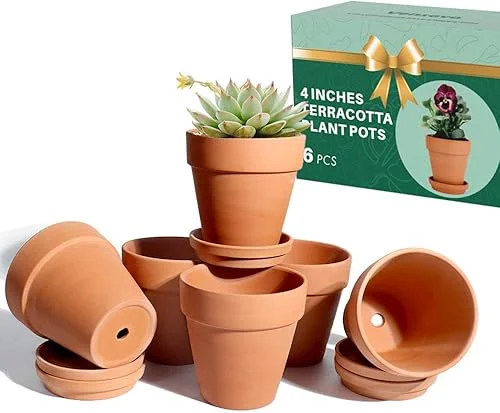 vensovo 4 Inch Terracotta Plant Pots with Saucer – 6 Pack Clay Flower Pots with Drainage, Great for Plants, Crafts, Wedding Favor