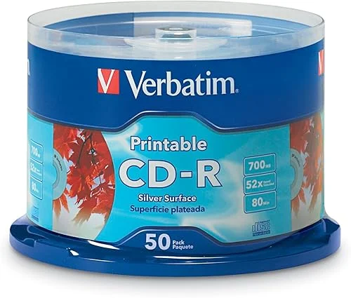 Verbatim CD-R Blank Discs 700MB 80 Minutes 52X Silver Inkjet Printable Surface – 50pk Spindle