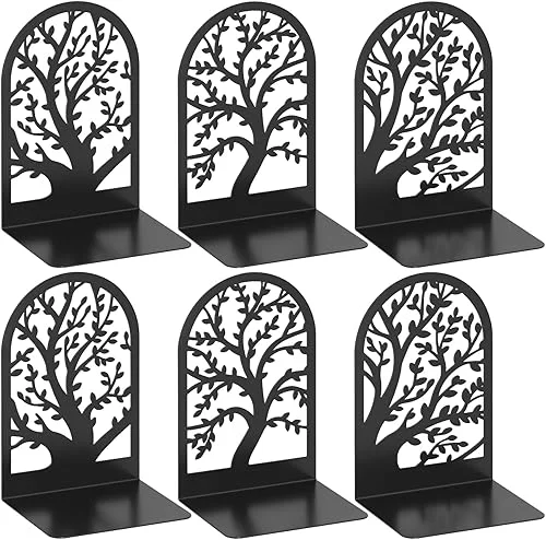 VFINE Tree Style Bookends 3 Pairs, Bookends for Shelves, Tree Metal Book Ends, Book Holder for Shelves, Decorative Unique Black Book Ends to Hold Books, Book Stopper Office Supplies