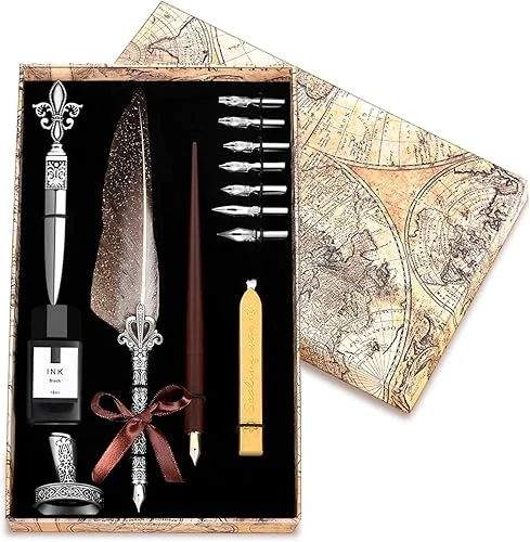 Vintage Quill Pen Ink Set,Feather Quill Pens with Wooden Calligraphy Pen, Including 7 Different Sizes of Nib, Calligraphy Pen Set Gift & Women and Man(Grey)