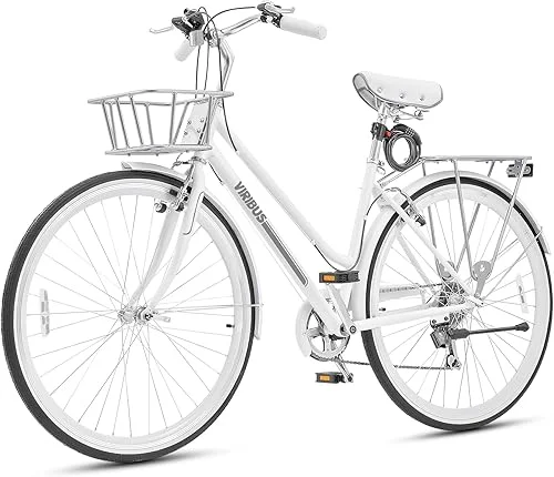 Viribus Womens Hybrid Bike, 28 inch Womens Bike 7 Speed, 700C Adult Bike with Basket and Rack for Tall Ladies, Commuter Bike, Step Through City Bike, Adult Hybrid Bicycle for Female, White