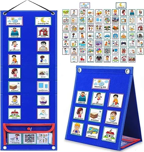 Visual Schedule for Kids with Autism Chore Chart for Kids Daily Routine Chart Autism Learning Materials Toddler Planning Board Visual Schedule Pocket Chart for Classroom, Home with 70 Cards (Blue)