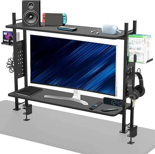 VIVO Clamp-on 40 inch 2-Tier Shelving Unit with Pegboard for Table Accessories, Gaming Devices, and More, Desktop Organizer, Black, DESK-SHELF40G