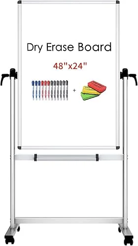 VIZ-PRO Double-Sided Magnetic Mobile Whiteboard, 48 x 24 Inches, Portrait Orientation,Aluminium Frame and Stand, with 12-Count Markers and 3 Colored Erasers