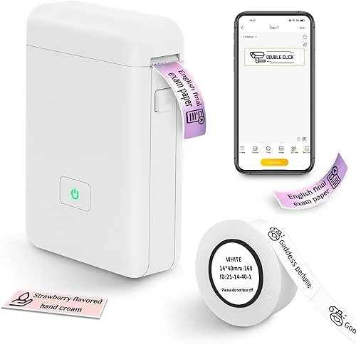 vretti Label Maker Machine with Tape, HP2 Portable Bluetooth Label Printer for Storage, Shipping, Barcode, Office, Home, Organizing Mini Sticker Label Maker with Multiple Templates (White)