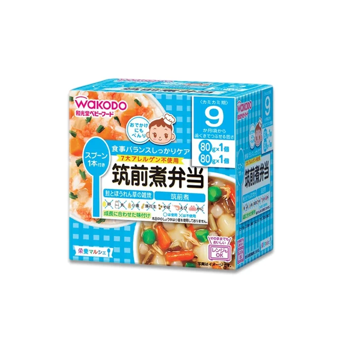WAKODO ready-to-eat bento for 9 months + salmon and komatatsu risotto 80g + chicken and burdock soup 80g