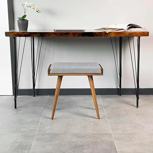 Walnut Ottoman Stool for Living Room | Upholstered in Crowbar Pattern Fabric | Versatile as a Piano Bench | Ideal Bedroom Bench | Functional Footstool Bench