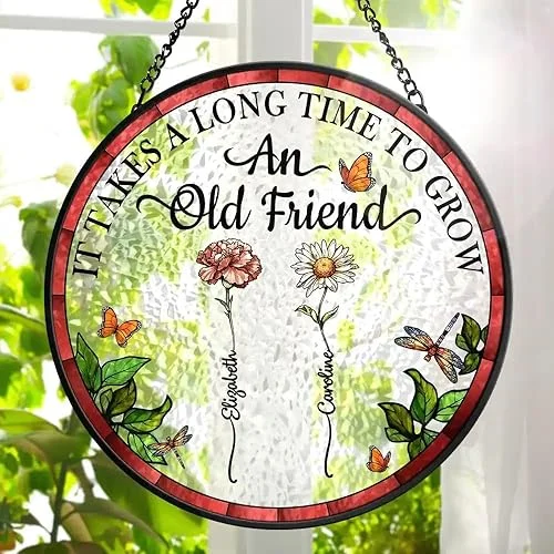 WANDER PRINTS Personalized Stained Glass Window Hanging Suncatcher – Gift for Besties – Birth Flower Grow an Old Friend