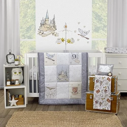 Warner Brothers Harry Potter Magical Moments Grey and White Hogwarts 3 Piece Nursery Crib Bedding Set – Comforter, Fitted Crib Sheet and Crib Skirt