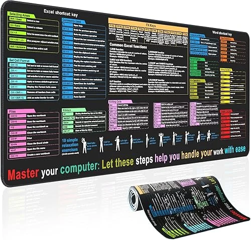 Waterproof Desk mat—Excel Cheat Sheet Desk pad—Contains 12 Types of Common Skills in Excel and Word—Large XL Gaming Mouse pad|Office Keyboard pad|Computer mat with excel Shortcuts