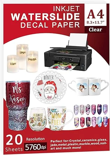 Waterslide Paper-20 sheet Inkjet Water Slide Paper,A4 Size clear waterslide paper for DIY Decals Gift Crafts Ceramics Candles and Custom Tumblers, waterslide decal paper (The packaging may be blue)