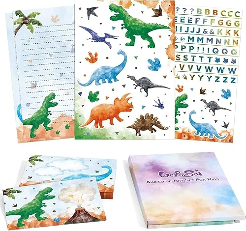 WERNNSAI Kids Stationery Set -72 PCS Dinosaur Boys Stationery Set Teens Dino Letter Writing Kit Dinosaur Letter Paper Set Stationery Writing Sheets with Envelopes School Dinosaur Gift Set