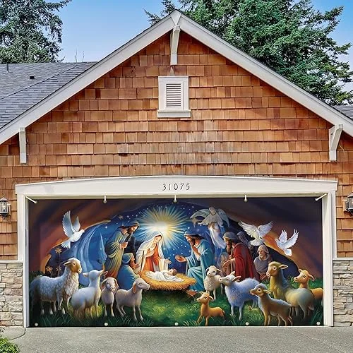 Wesiti Christmas Garage Door Decorations Merry Christmas Cover Banner Murals 6 x 13 ft Large nativity Garage Backdrop Decoration for Xmas Eve Holiday Party Wall