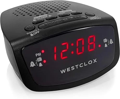 Westclox Dual Alarm Clock Radio 0.6′ Red LED Display, FM Radio with 20 Presets, Adjustable Brightness, Snooze & Battery Backup, Digital FM Clock Radio Alarm for Bedrooms (Black)