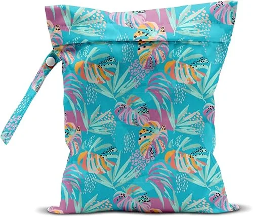 Wet Dry Bag for Swimsuit, Travel, Beach, Pool, Diapers, Gym Clothes, Makeup, Camping Accessories – Waterproof Reusable Jungle Tropical Leaves Cheetah Print
