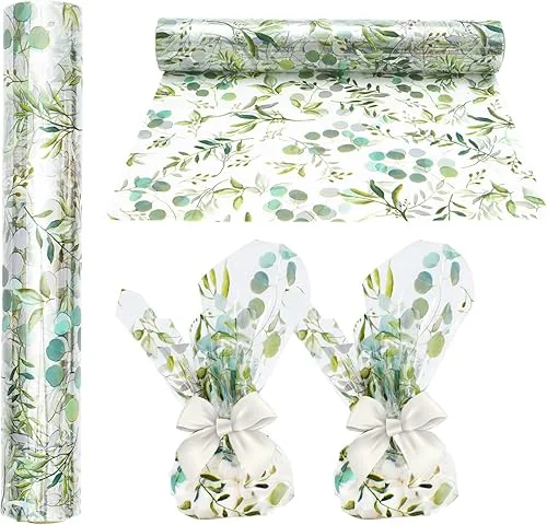 Whaline Eucalyptus Cellophane Wrap Roll Greenery Clear Wrapping Paper Green Leaves Plastic Gift Basket Wrap for Wedding Birthday Baby Shower Party Candy Treat DIY Craft Supplies, 32 Inch x 100 Ft