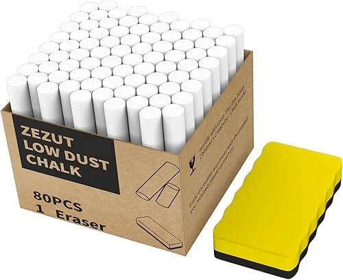 White Chalk with Eraser, 80PCS Low Dust Chalks Stick Bulk for Chalkboard Blackboard Non-Toxic
