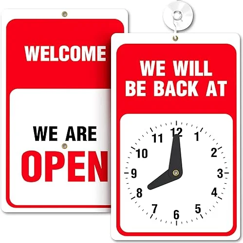 Will Return Sign With Clock – 1 Pack – 9.25 x 5.75 Inch – Bright Red and White Colors – Includes Suction Cup – Ideal Out to Lunch, Be Right Back Signs, or Open Closed Sign