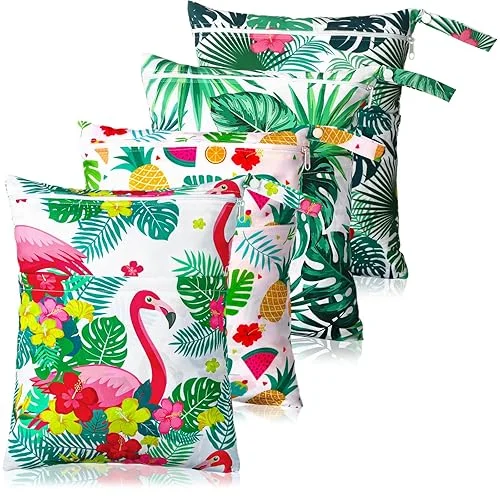 Windyun 4 Pieces Tropical Wet Bag Waterproof Reusable Wet Dry Hawaii Cloth Diaper Aloha Sealed Washable Swimsuit Bag for Travel Summer Beach Swimwear Baby Diaper Toiletries, 11.81 x 15.75 Inch