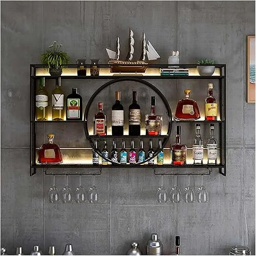 Wine Rack Wall Mounted 3 Tier Metal Floating Shelves With LED Light, Hanging Floating Bar Liquor Bottles, For Home Bars Kitchen (Black, 100x80x15cm)