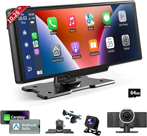 Wireless Carplay Screen for Car, 10.26′ HD Carplay and Android Auto Touch Screen, Portable Car Tablet with 4K Dash Cam, IPS Car Stereo with Backup Camera, GPS Navigation, Voice Control, Mirror Link