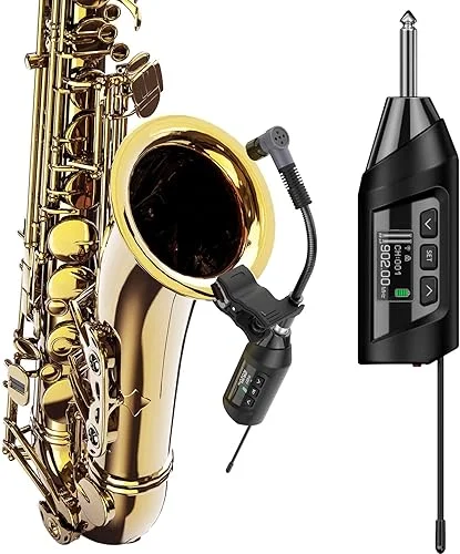 Wireless Saxophone Microphone System, Clip-On Instrument Microphone for Sax and Trumpet, Preset EQ & Echo Level 196 Ft Transmission Rechargeable Compact Transmitter and Receiver 4.5 Hours