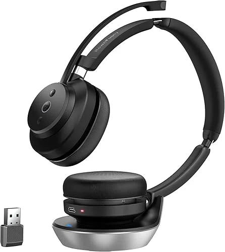 Wireless Stereo Headset with AI Noise Cancelling Microphone Bluetooth Headset – Bluetooth V5.3 Headphones with USB Dongle, Charging Base & Mic Mute for Computer/Laptop/PC/iPhone/Android