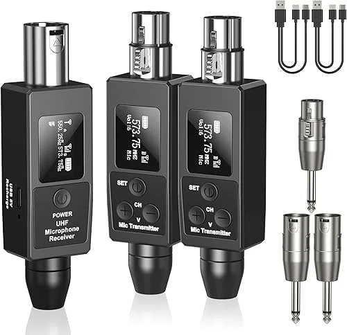 Wireless XLR Transmitter and Receiver Rechargeable Mic Adapter UHF 98ft Range,Dual Receiver Support 20 Channels XLR to 1/4'' Adapter, for Condenser Mics, Audio Mixer,Electric Guitar Bass