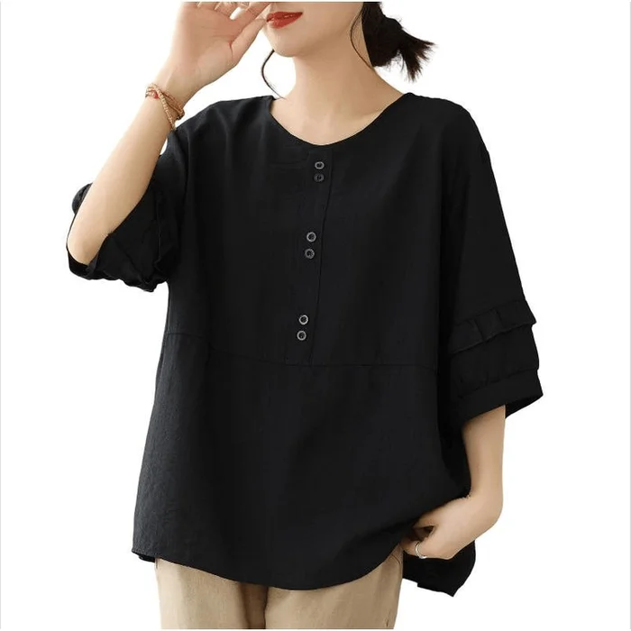 Women Summer Cotton and Linen Casual Mid-sleeve T Shirt Black XL