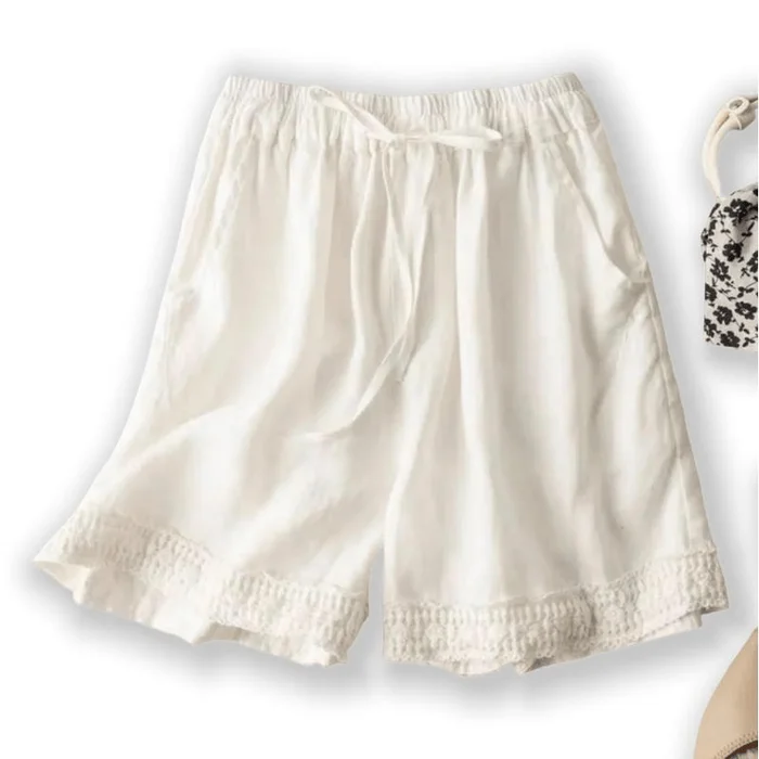 Women Summer Cotton and Linen Hollowout Lace Splicing Loose Casual Shorts White XL