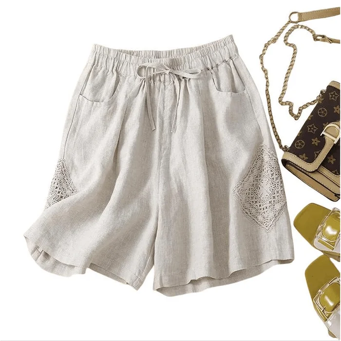 Women summer Cotton and Linen Hollowout Splicing Loose Casual Shorts Beige M