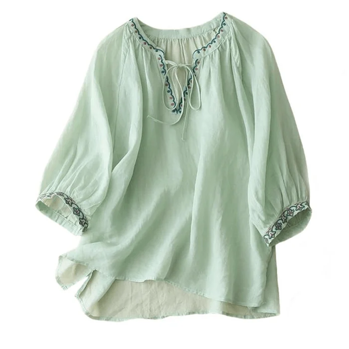 Women Summer Cotton and Linen V neck Mid-sleeve Embroidered T Shirt with Tie Green M