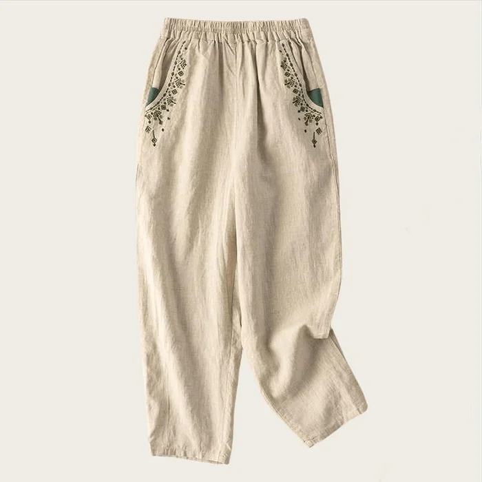 Women Vintage Embroidered Loose Harem Pants Casual Cropped Pants Beige M