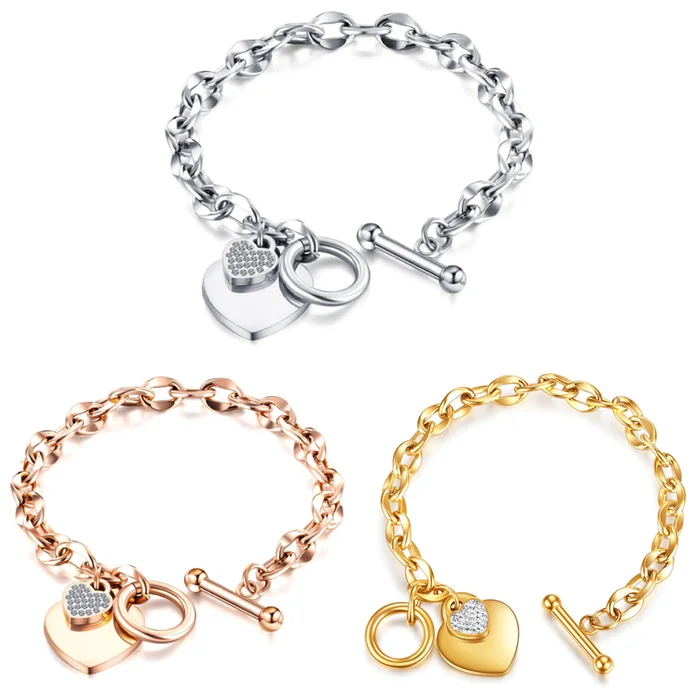 Women's 18K Gold Plated Dainty Toggle Heart Charm Bracelet