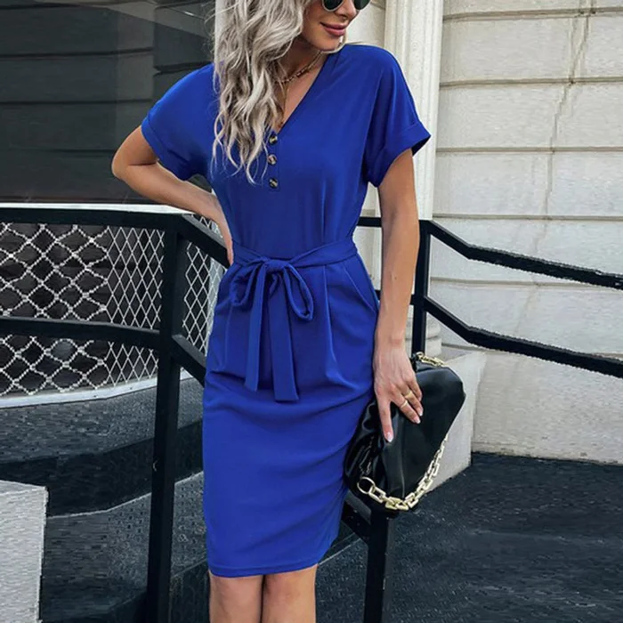 Women's Button Front Short Sleeve Pocket Dress