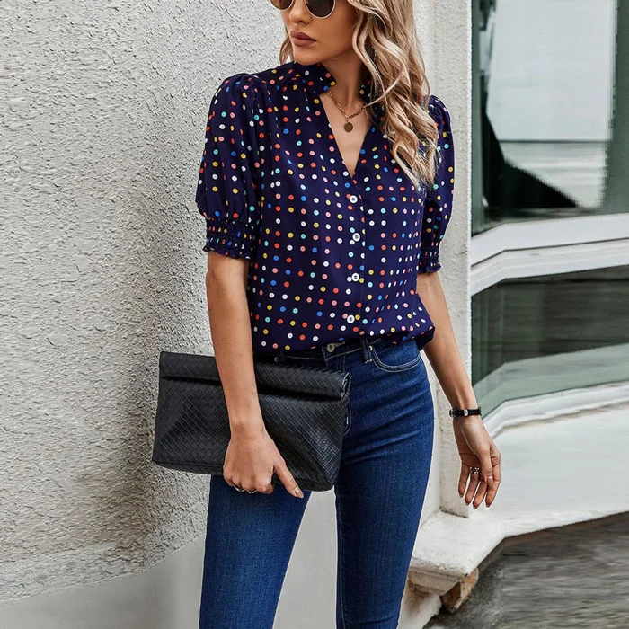 Women's Whimsy Polka Dot Puff Sleeve Blouse