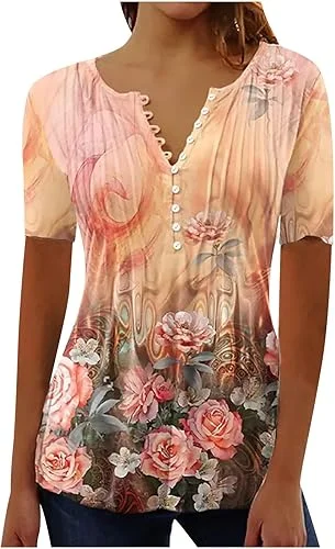 Womens Summer Tops Short Sleeve Shirt Floral Graphic Tees Boho Casual Loose Blouses Notch V Neck T-Shirts 2024