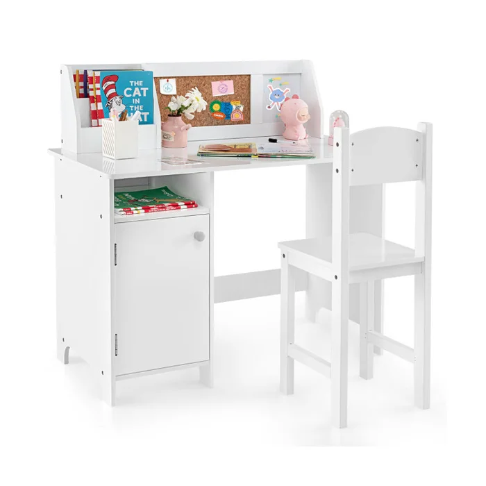 Wooden Kids Study Desk and Chair Set with Storage Cabinet and Bulletin Board