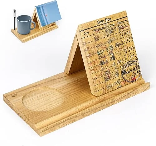 Wooden Triangle Book Stand with Drink Holder, Library Card Design Book Holder Page Rest, Night Stand Book Holder with Pen Slot, Gift for Book Lovers, Readers, Librarians, Writers