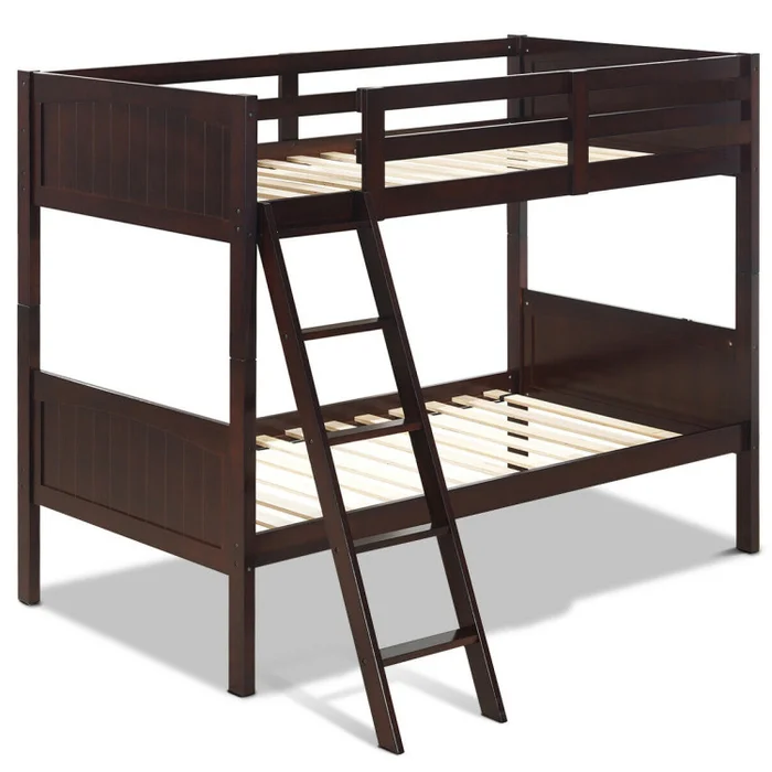 Wooden Twin Over Twin Bunk Beds with Ladder and Safety Rail